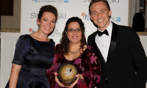 Sally El Hosaini received her Best British Newcomer award from Olivia Coleman and Tom Hiddleston